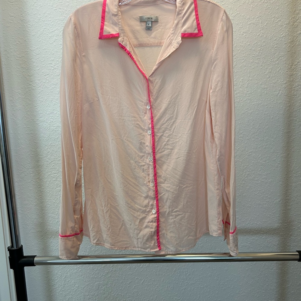 J. Crew light pink and hot pink trim 100% silk blouse